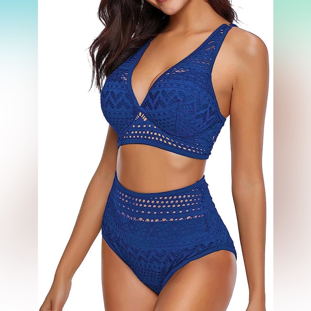 Royal blue large swimsuit high rise bottom crochet full coverage